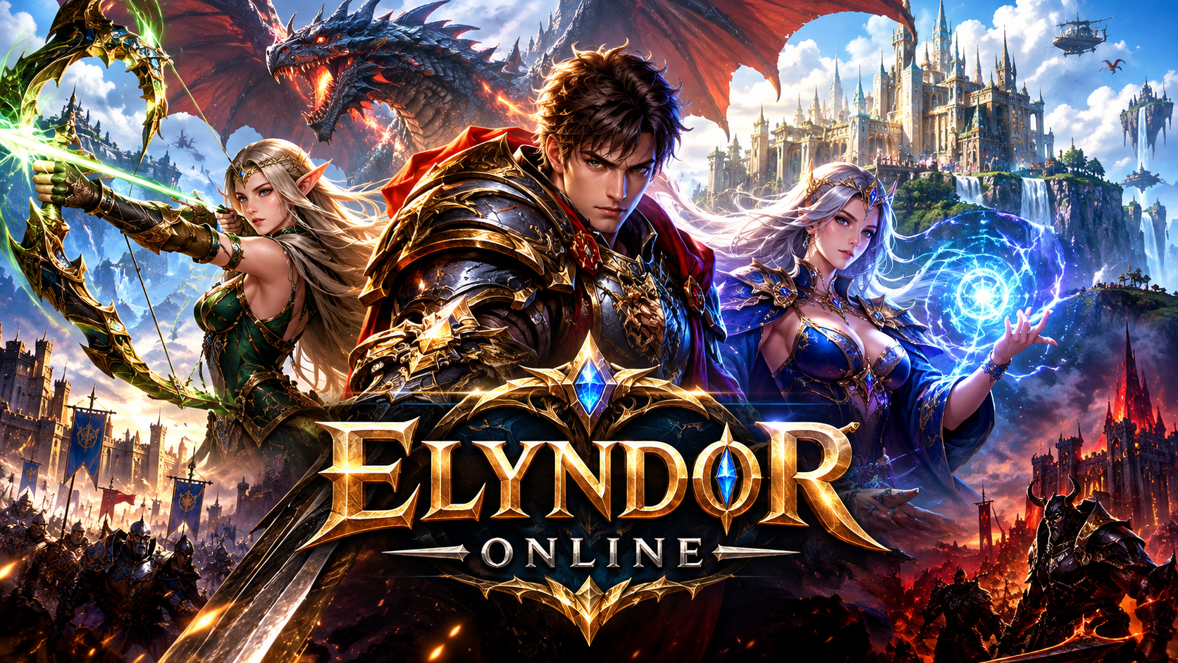 Herói de armadura dourada, arqueira e feiticeira diante de um dragão e um castelo, com o logo Elyndor Online
